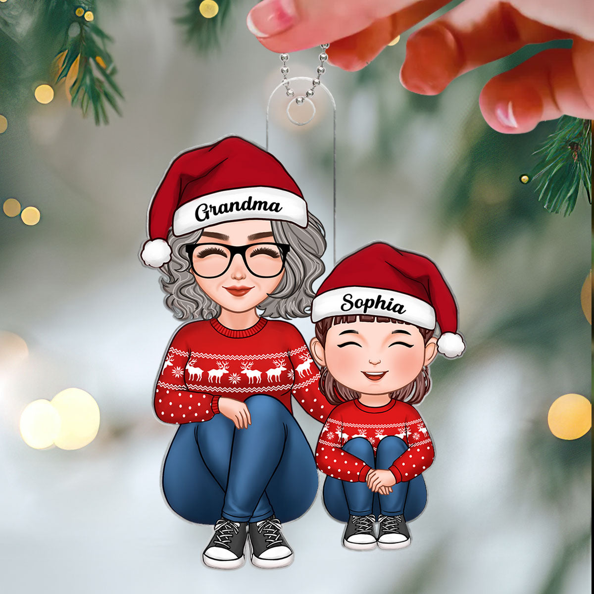 Cute Grandma Grandkid Sitting Together Christmas Gift For Granddaughter Grandson Personalized Acrylic Ornament