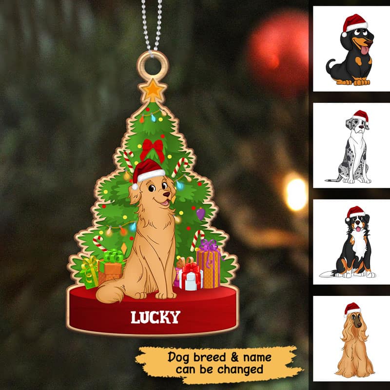 Cute Dog Sitting By Christmas Tree Personalized Wooden Ornament