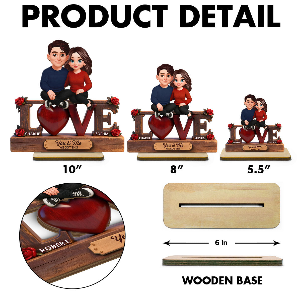 Roses LOVE Couple Sitting Embracing - Personalized 2-Layered Wooden Plaque - Valentine's Day Gift For Couple, For Him, For Her