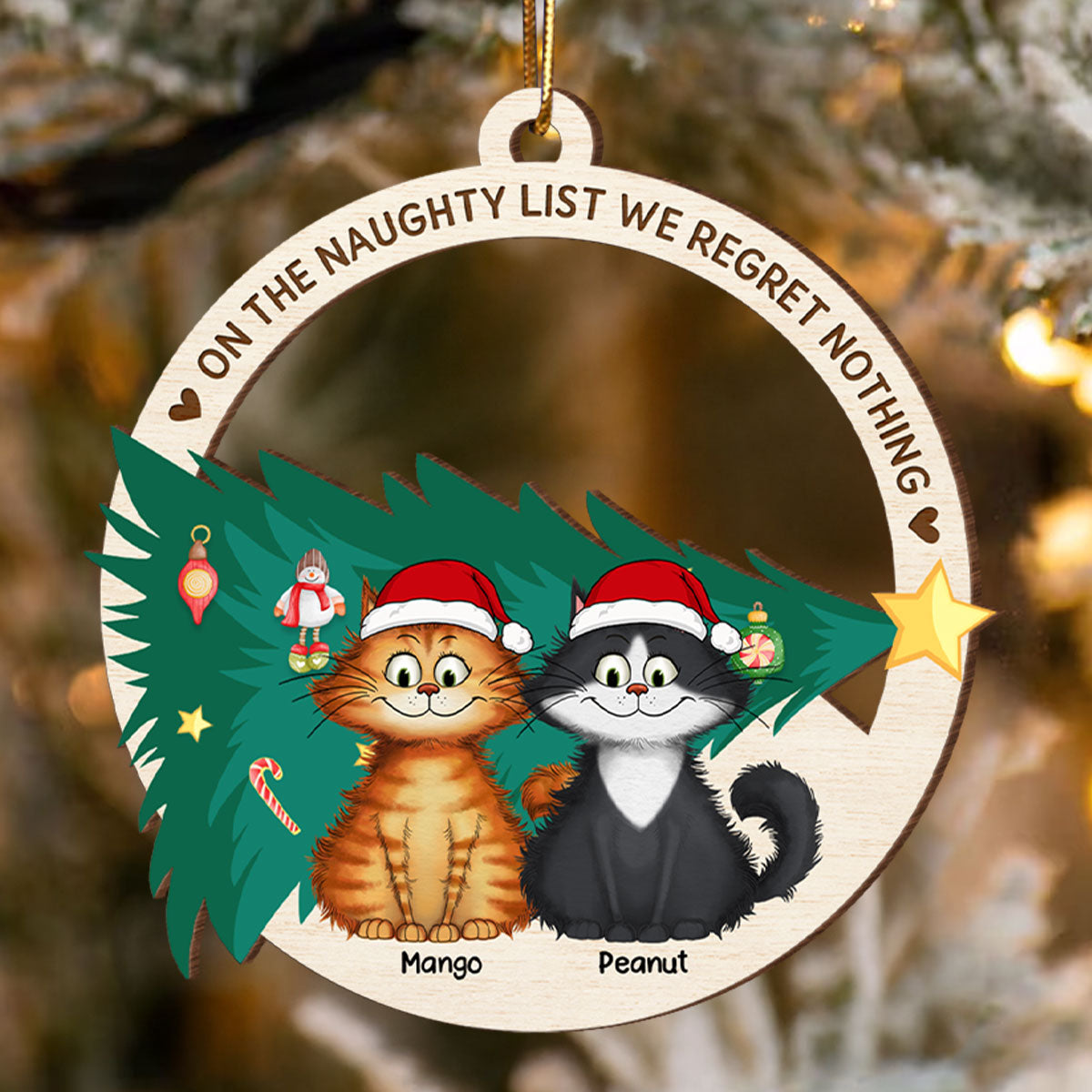 On The Naughty List We Regret Nothing Quirky Cat Wooden Ornament, Personalized Christmas Cat Ornament