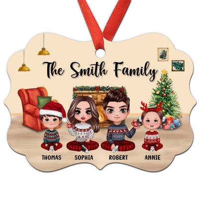 Doll Family Sitting At Fireplace Personalized Christmas Ornament
