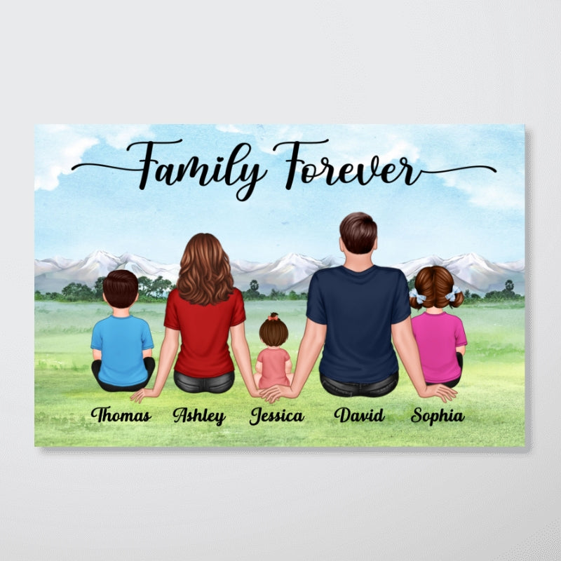 Our Family Couple Kid Dog Cat Back View Sitting On Grass Personalized Horizontal Poster
