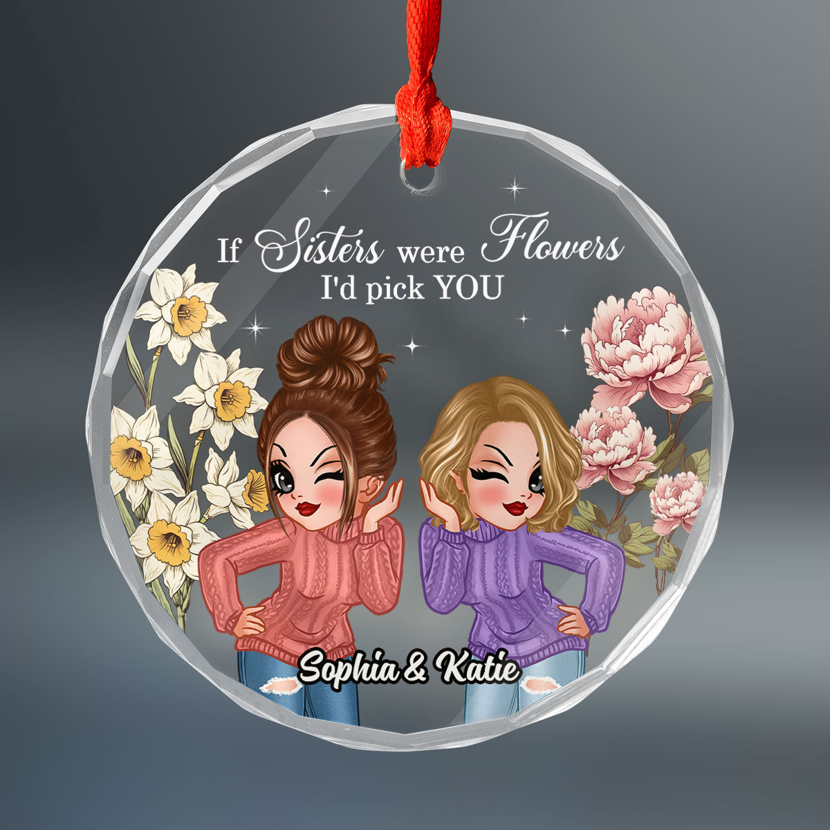 Besties Sisters Birth Month Flowers Personalized Glass Ornament, Christmas Gift For Best Friends