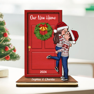 Our New Home Couple Kissing In Front Door Christmas Decor Personalized 2-Layer Standing Wooden Plaque