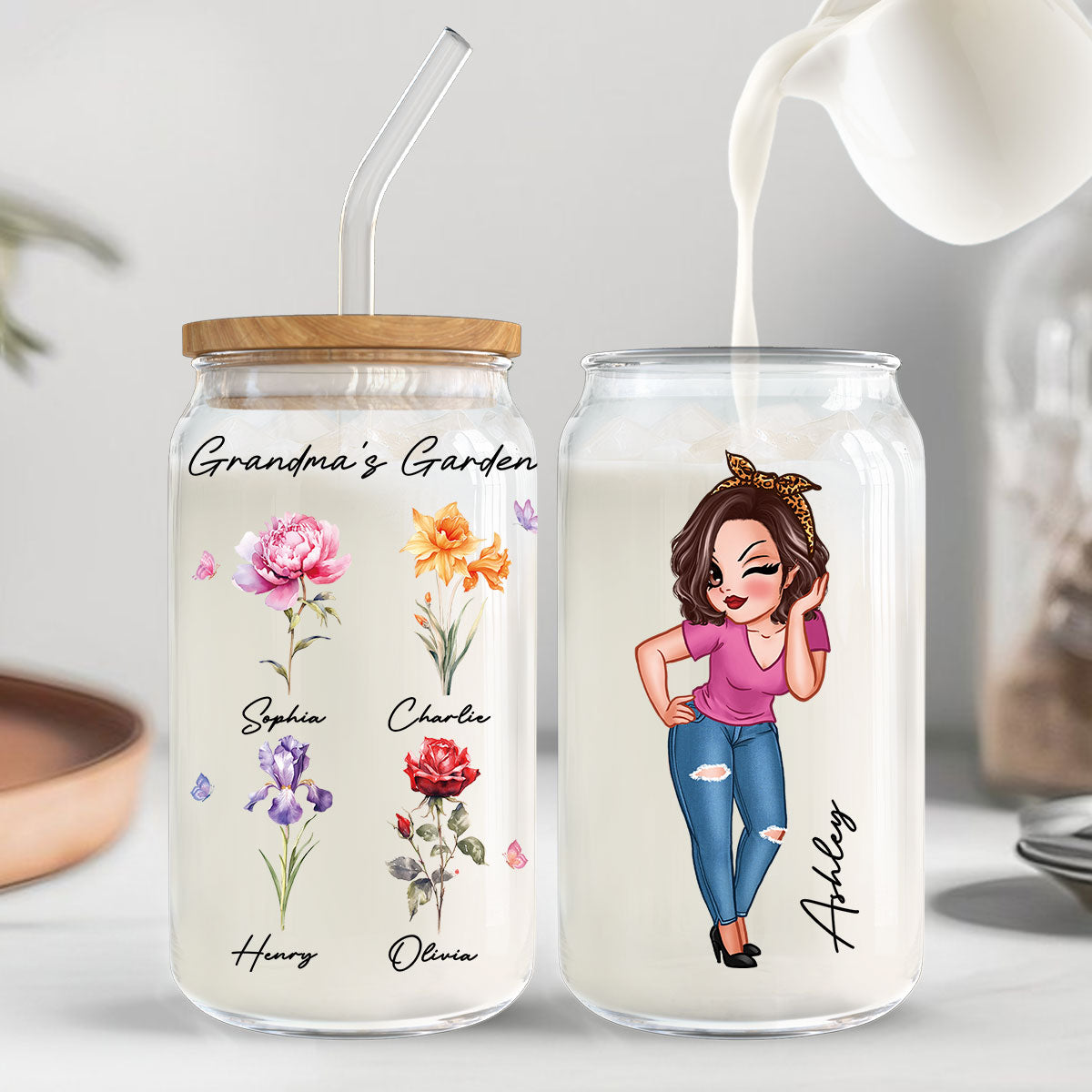 Grandma‘s Garden Beautiful Birth Month Flowers Mother‘s Day Birthday Gift For Grandma Mom Personalized Clear Glass Can