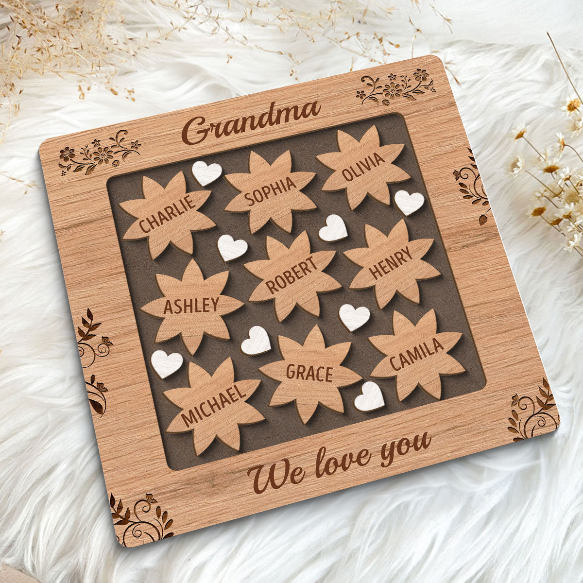 Grandma Mom Flowers Hearts Personalized 2-layer Wooden Plaque