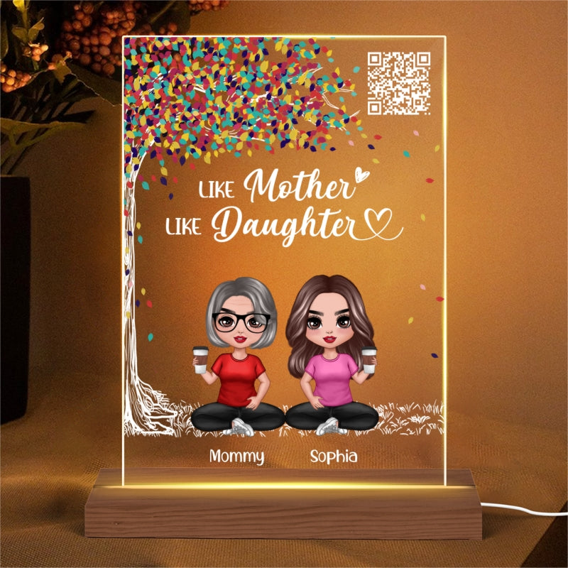 Colorful Tree Like Mother Like Daughters Doll Mom And Daughters Sitting Favorite Song Scannable QR Code Personalized Rectangle Acrylic Plaque LED Night Light