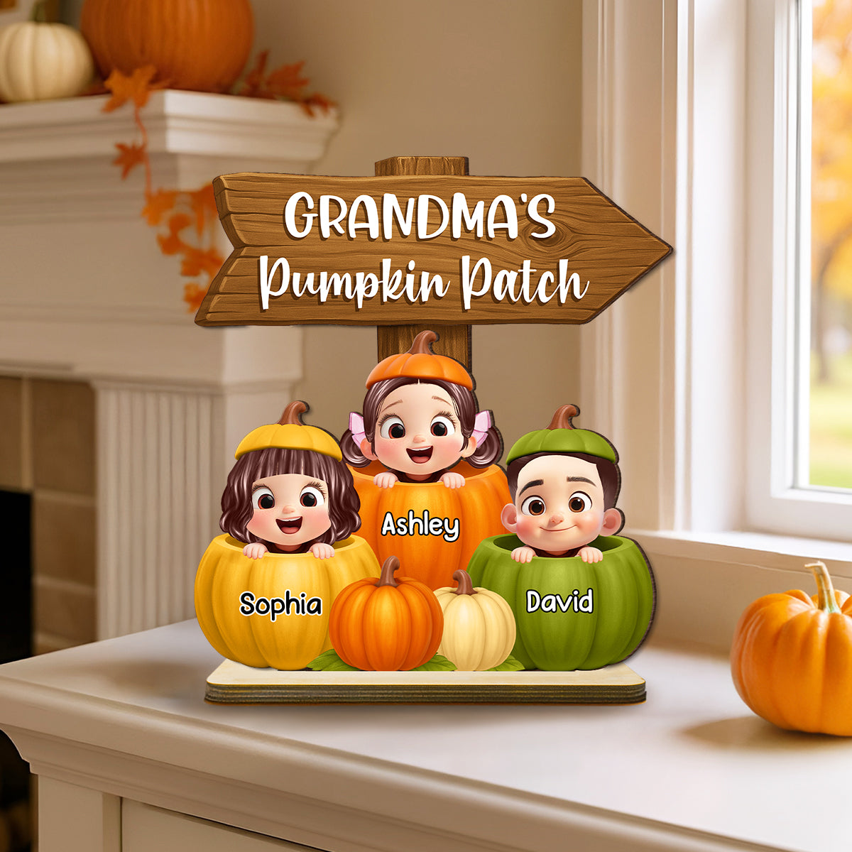Grandma Pumpkin Patch Cute Grandkids Direction Sign 3D Effect Personalized Standing Wooden Plaque