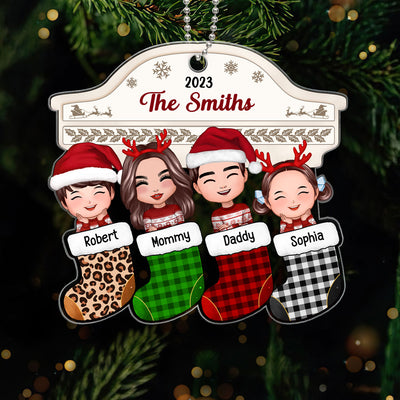 Family Peeking Christmas Stocking Fireplace Personalized Acrylic Ornament