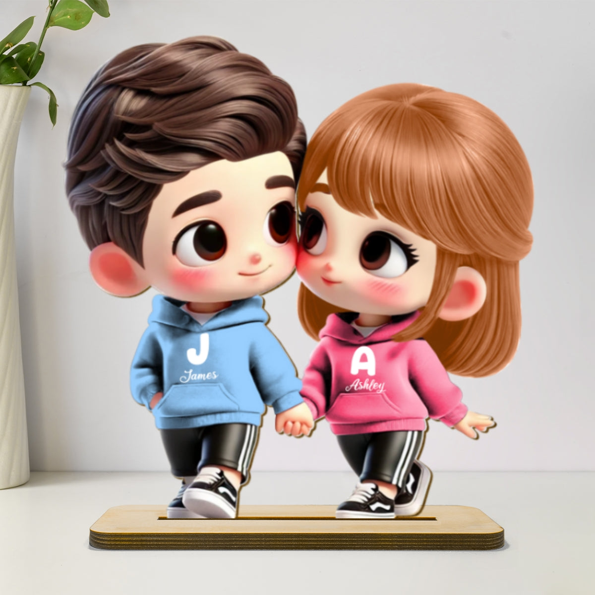 3D Effect Cute Cartoon Couple Holding Hands Personalized Standing Wooden Plaque, Anniversary &  Gift for him, Gift for her