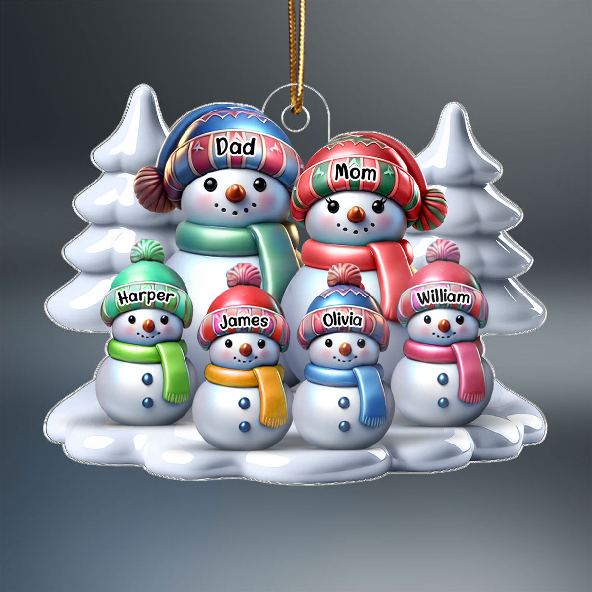 3D Effect Winter Snowmen Happy Family Dad Mom Grandpa Grandma With Kids Personalized Acrylic Ornament
