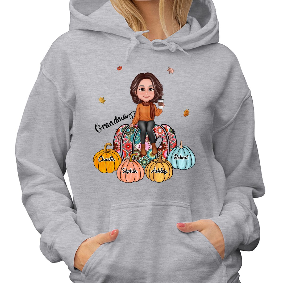 Colorful Patterned Pumpkids Grandma And Kid Names Personalized Shirt
