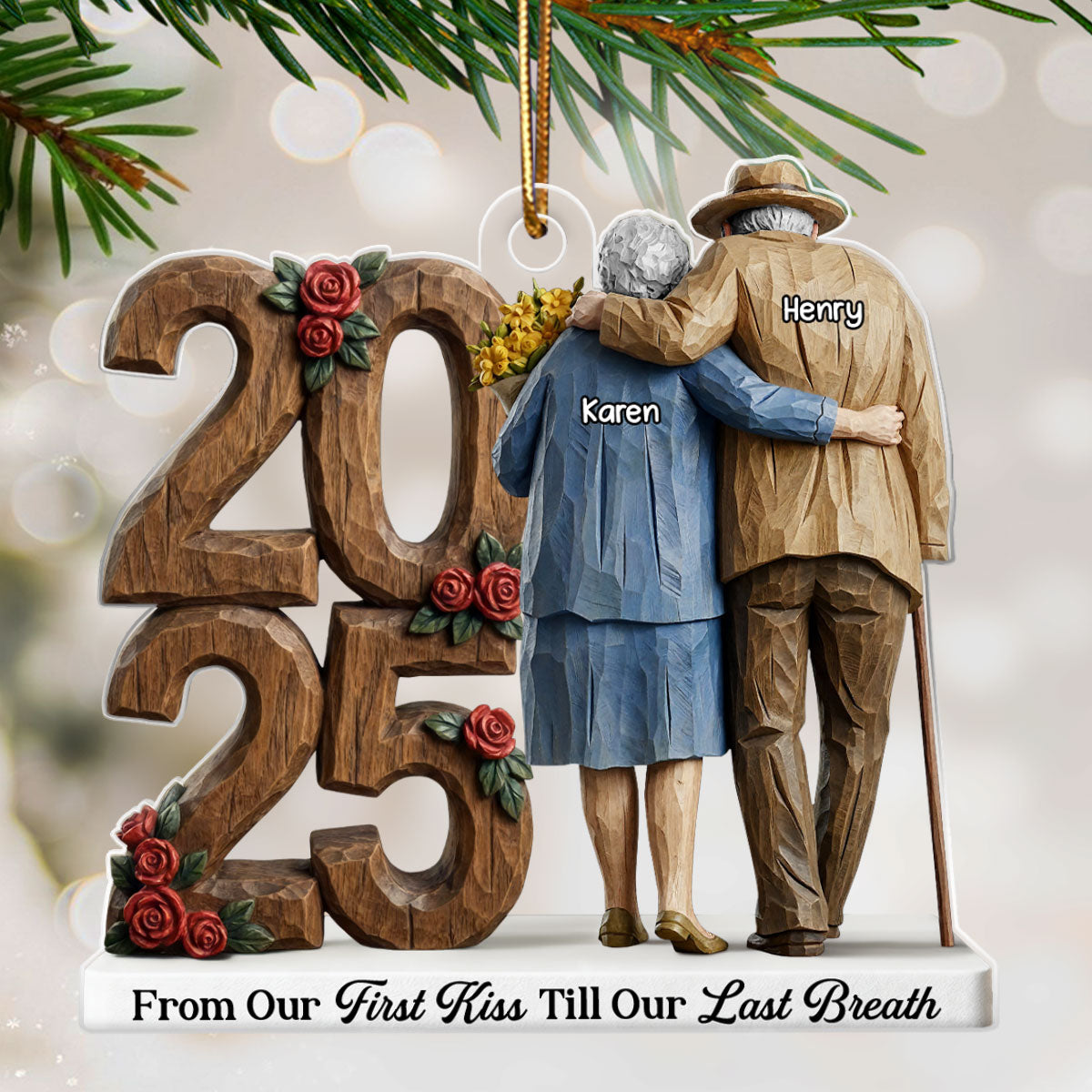 Old Couple Back View Hugging Faux Wood - Personalized Acrylic Ornament - Heartwarming Christmas Gift For Him, For Her, For Couple