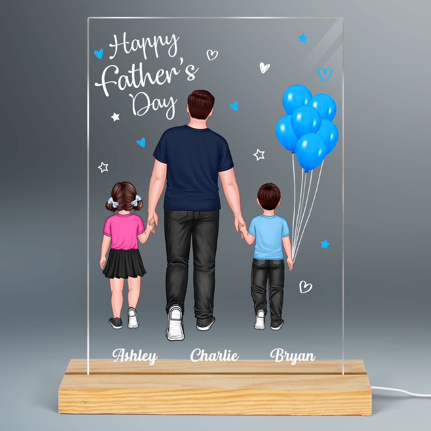 Dad And Kids Walking Blue Balloon Personalized Rectangle Acrylic LED Night Light