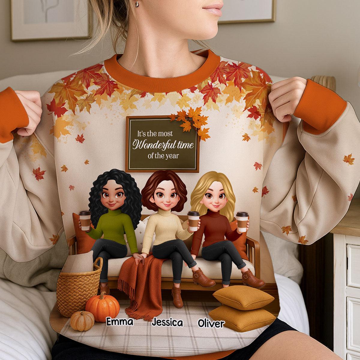 Fall Season Besties Sisters Sitting On Cozy Sofa Personalized 3D Sweatshirt