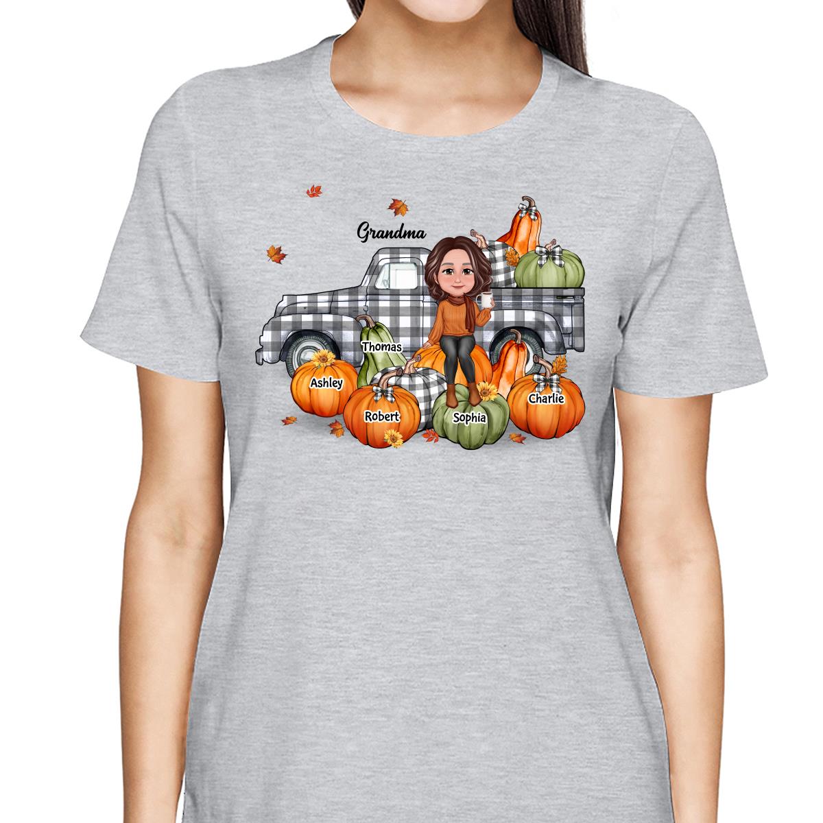 Grandma Mom Buffalo Plaid Truck And Pumpkins Fall Season Personalized Shirt