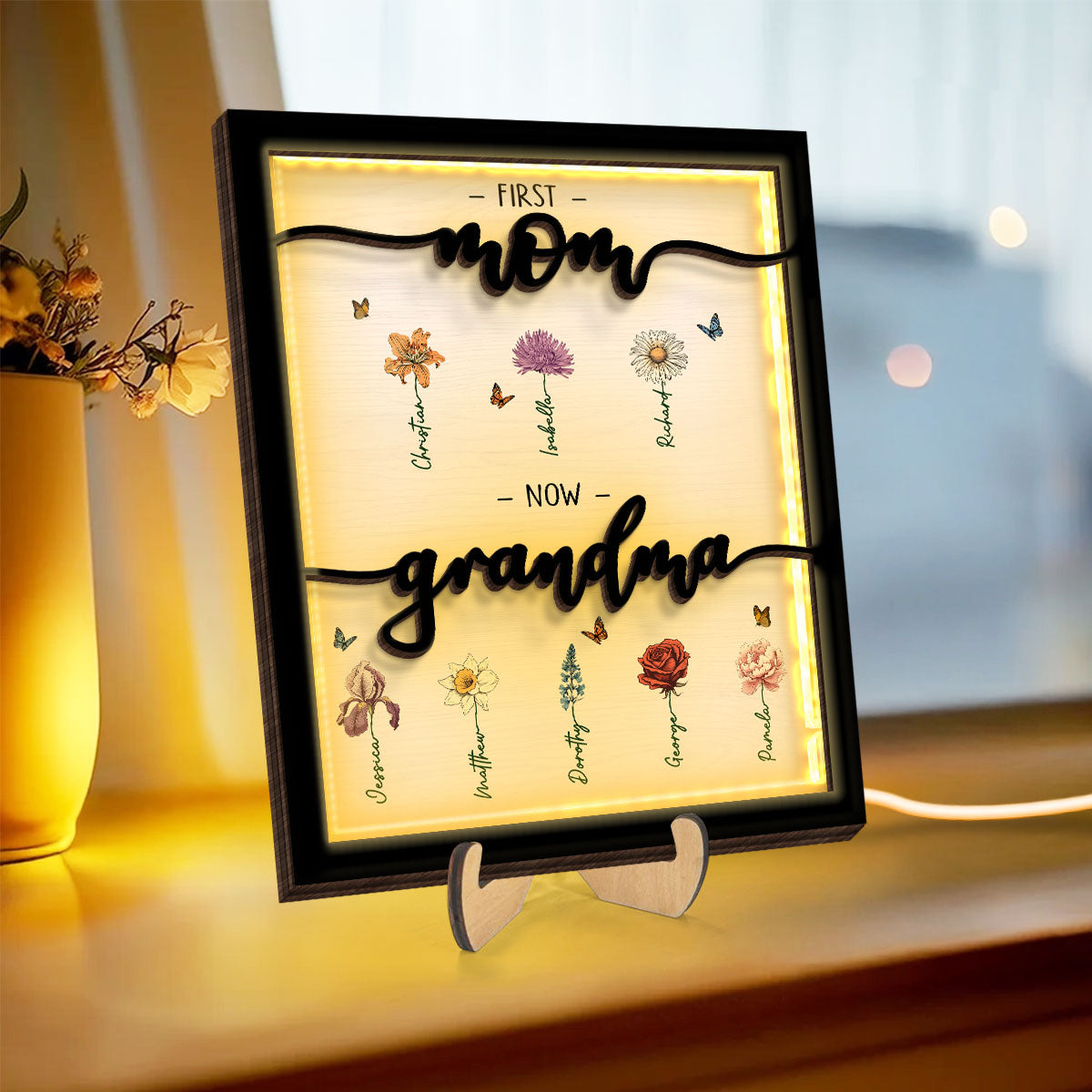 First Mom Now Grandma Birth Month Flowers Personalized 2-Layer Wooden Plaque With LED, Gift for Mom, Grandma, for Mother's Day