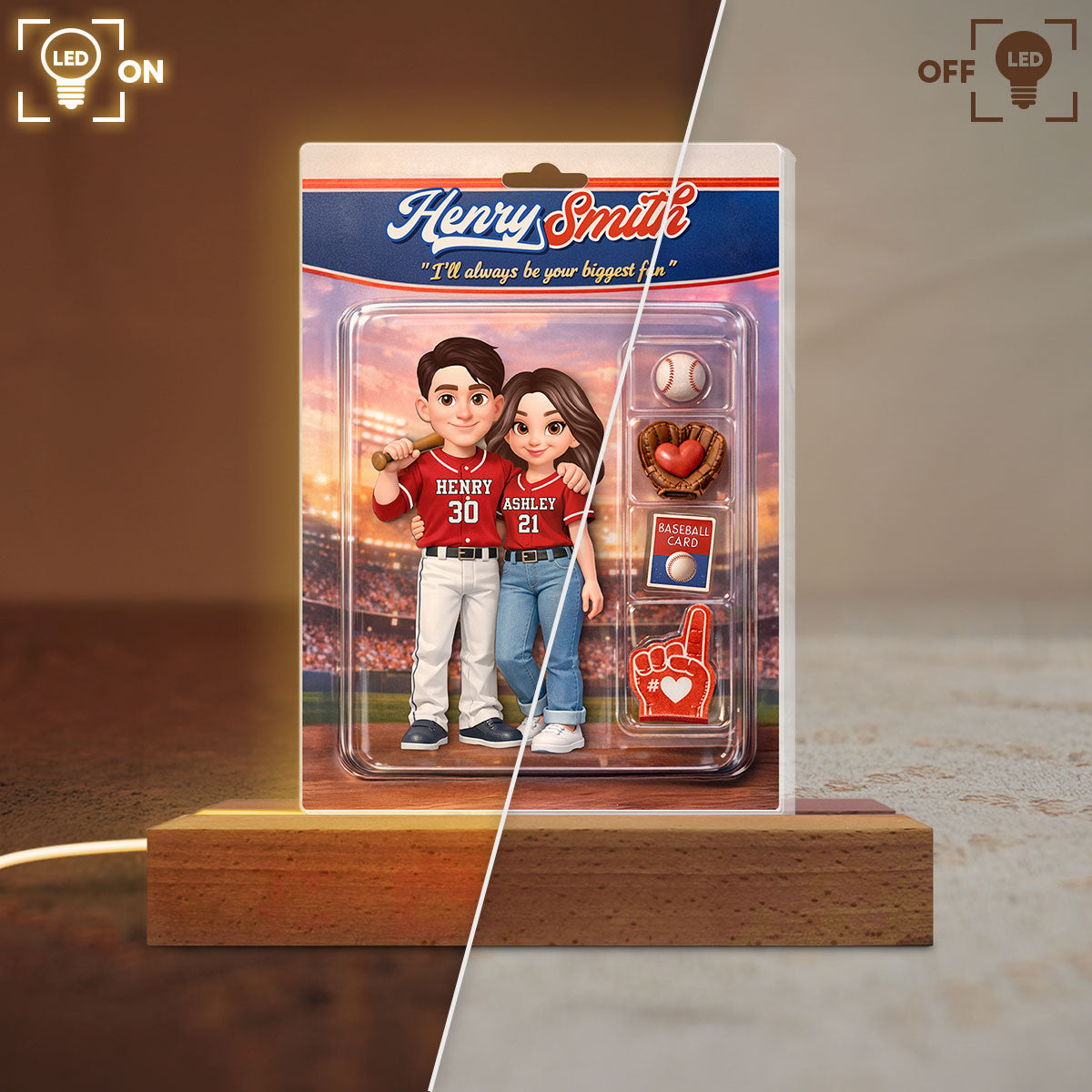 Baseball Couple I'll Always Be Your Biggest Fan Custom Action Figure - Personalized Acrylic Block LED Night Light - Sentimental Gift for Him