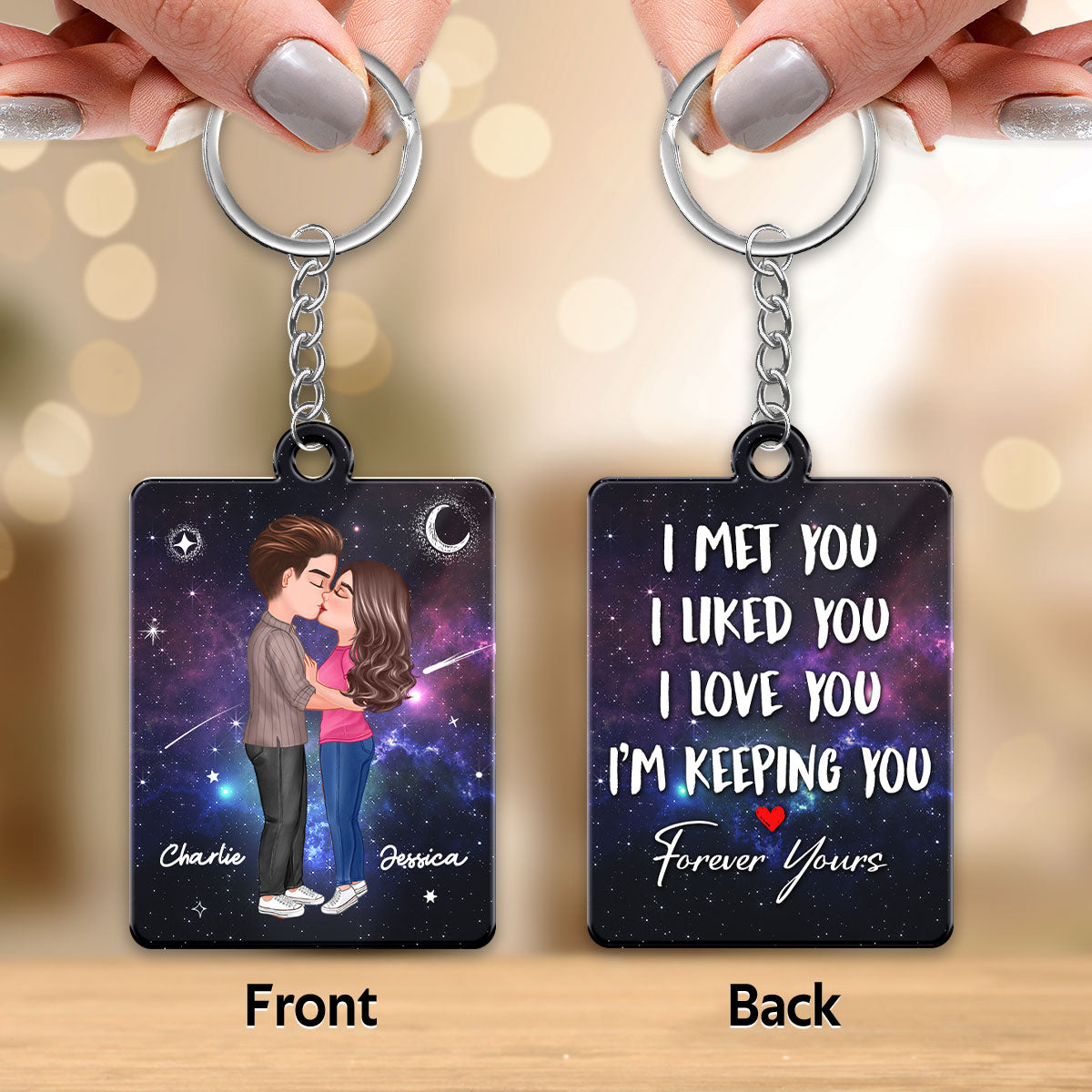 Doll Couple Kissing In Galaxy Night I Met You Personalized Acrylic Keychain