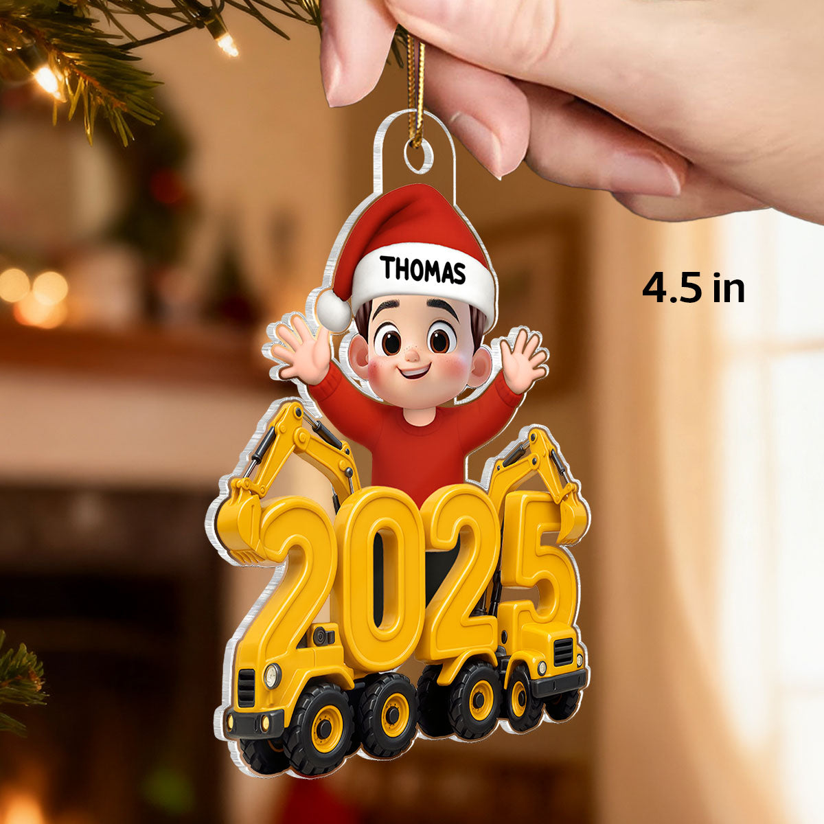3D Effect Happy Kid With Excavator Numbers - Personalized Acrylic Ornament - Christmas Gift For Kids, Grandkids, Granddaughter, Grandson