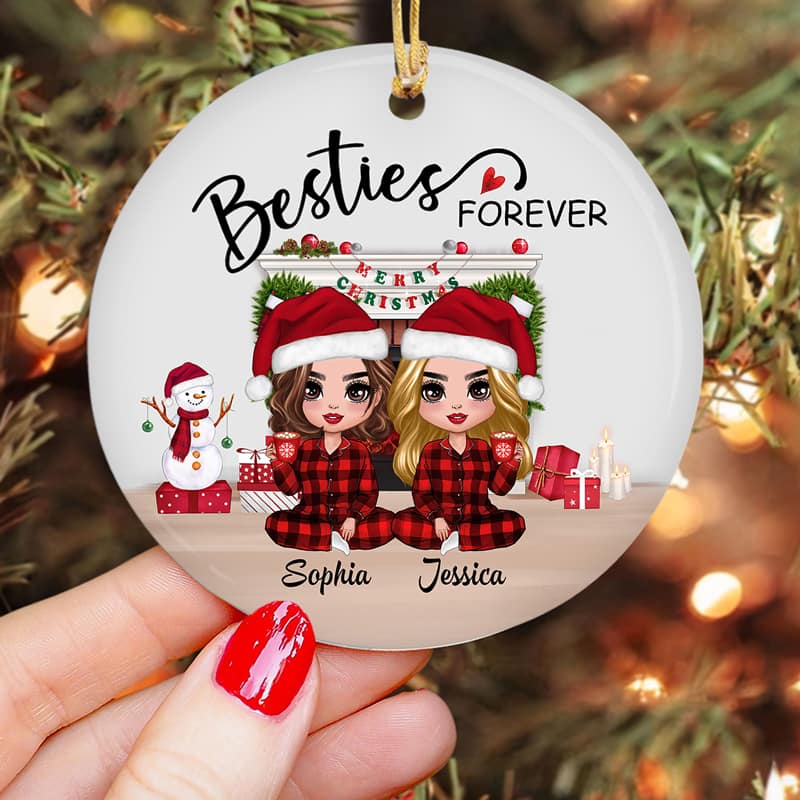 Christmas Doll Besties Sisters Sitting At Fireplace Personalized Circle Ornament