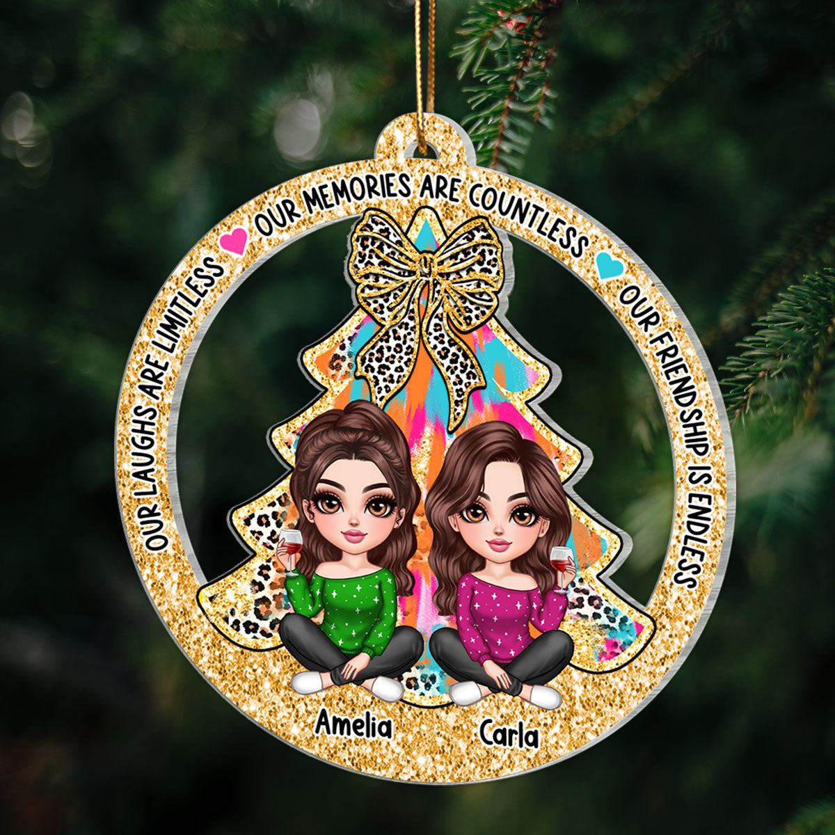 Colorful Christmas Tree Lovely Besties Personalized Acrylic Ornament, Christmas Gift For Best Friends