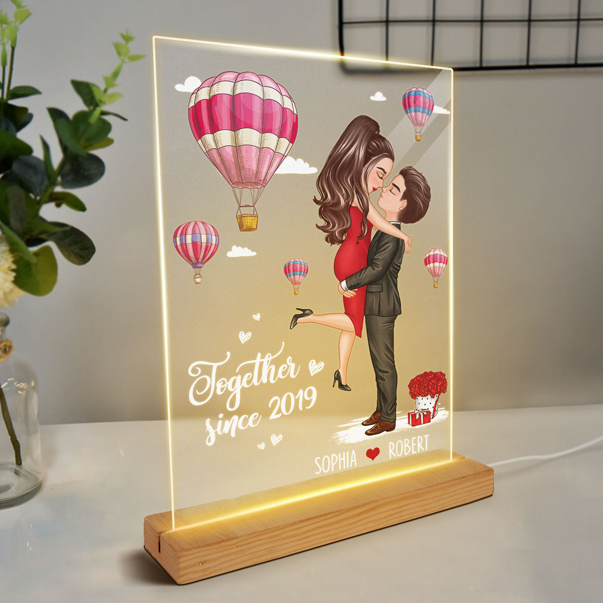 Doll Couple Kissing Hugging Air Balloons Personalized Plaque LED Night Light - Gift For Him Gift For Her