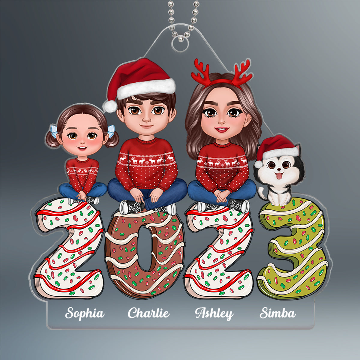 Family Crossed Legs Sitting Dad Mom Kids Dogs Cats Gingerbread 2023 Personalized Acrylic Ornament