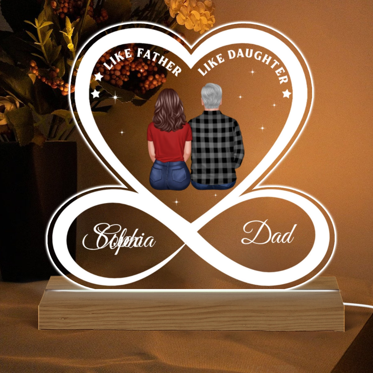 Like Father Like Daughter Son Back View Dad And Daughter Son Standing Infinity Heart Personalized Custom Shape Acrylic Plaque Warm LED Night Light