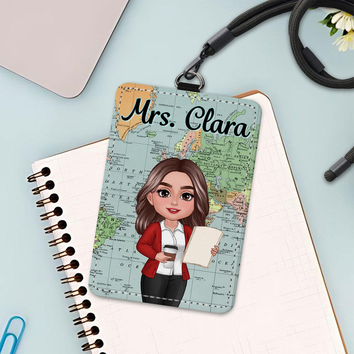 World Map Adventure Themed Teacher Personalized ID Badge Holder, Back To School Gift