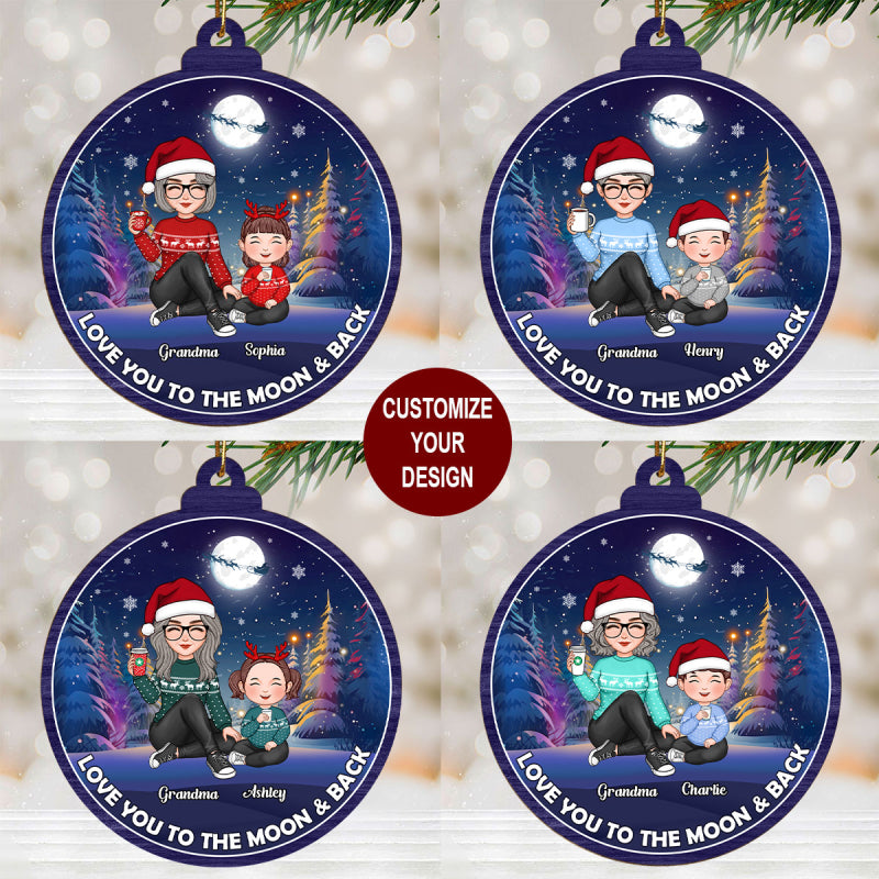 Cute Grandma Grandkids Christmas Moon Night Colorful Tree Personalized Wooden Ornament