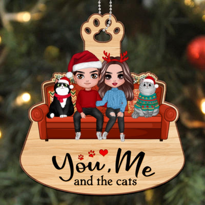 Couple & Cats On Sofa Simple Personalized Wooden Ornament
