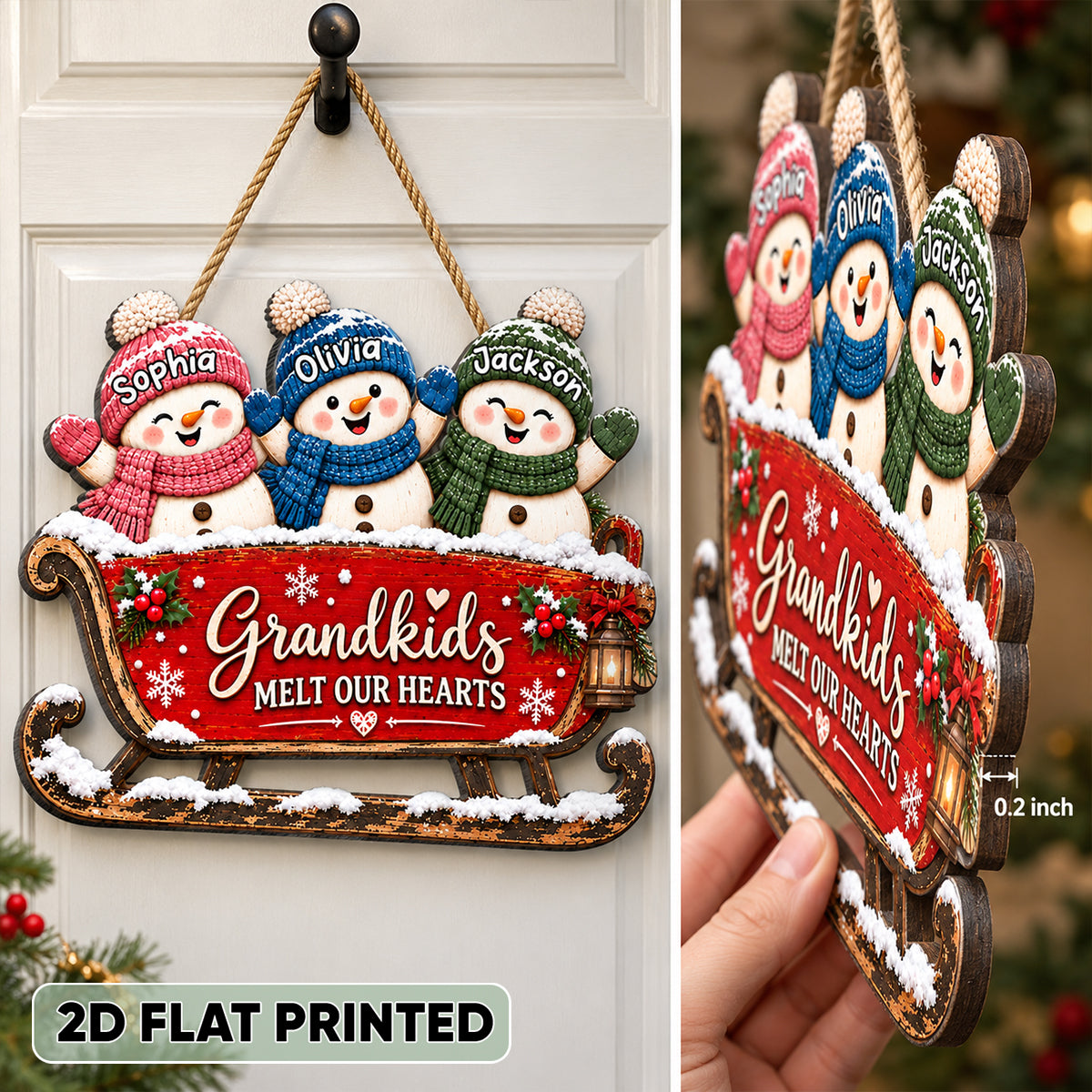 Grandkids Snowman On Sleigh 2D Flat Printed - Personalized Wood Sign - Christmas Decor For Grandparents