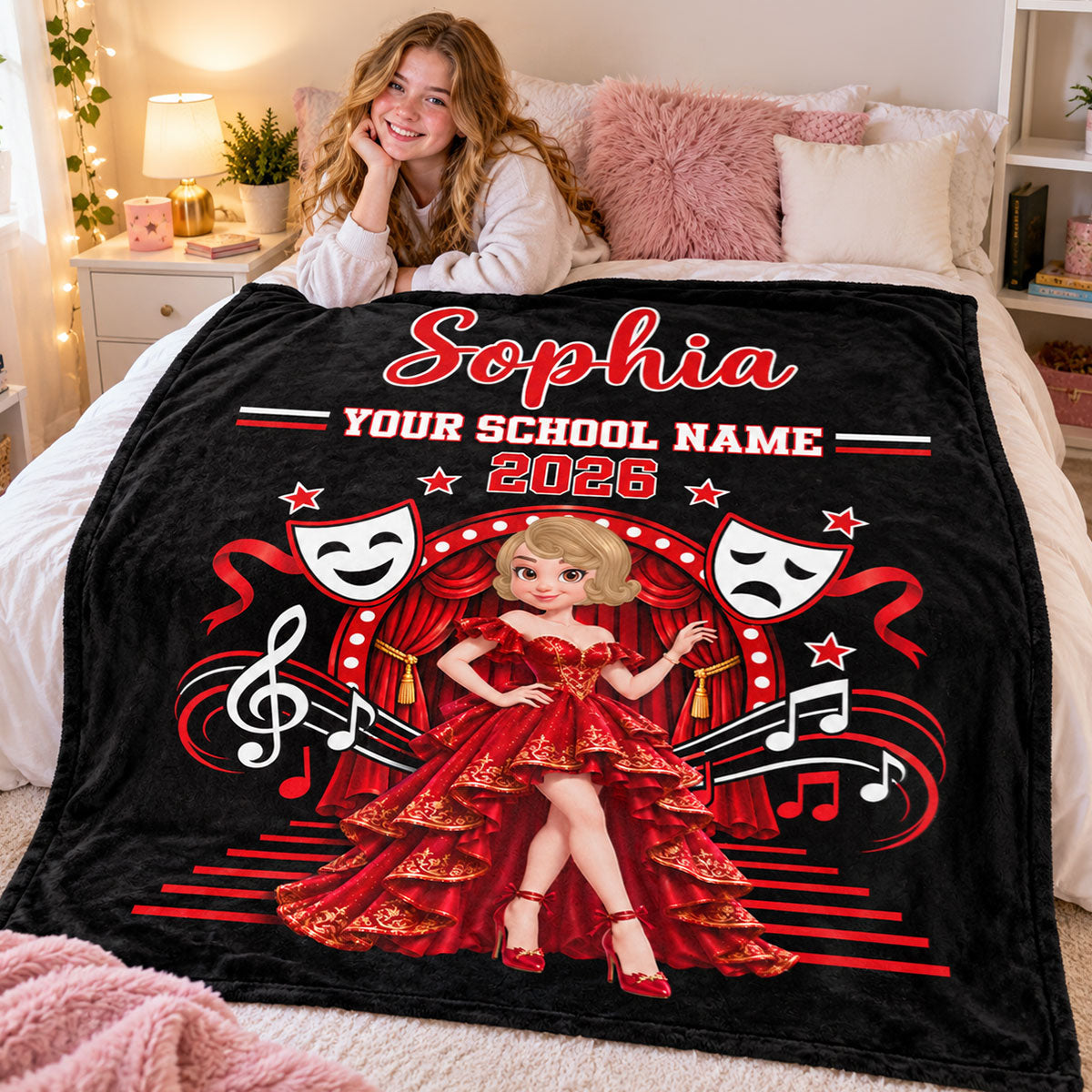 Theater Drama Club Girl Custom Name & School Name - Personalized Fleece Blanket - Graduation Gift For Musical Theater Girls, High School Theater Students, Daughter, Granddaughter