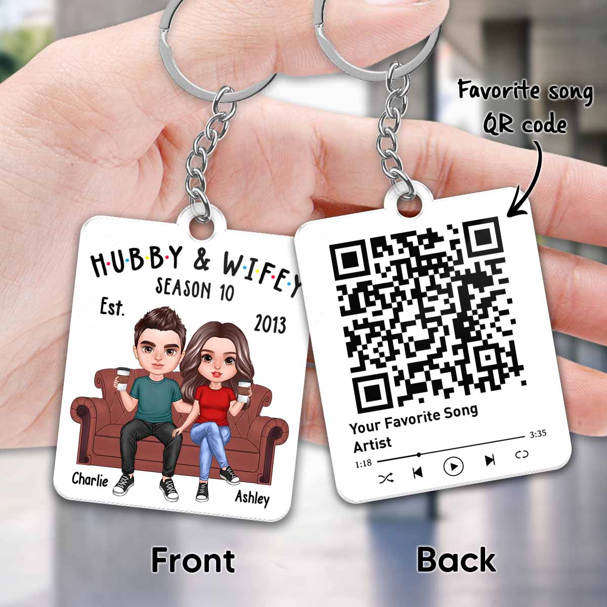 Hubby And Wifey Realistic Couple On Sofa Favorite Song Scannable QR Code Personalized Acrylic Keychain