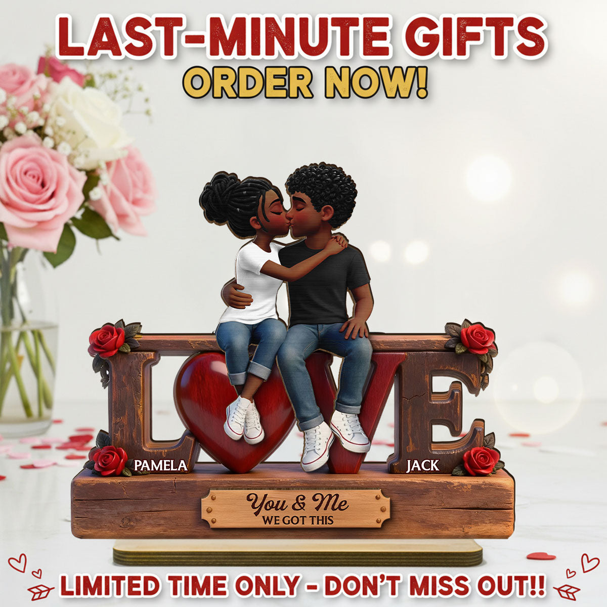 Roses LOVE Couple Sitting Kissing - Personalized 2-Layered Wooden Plaque - Heartfelt Gift For Couple, For Him, For Her