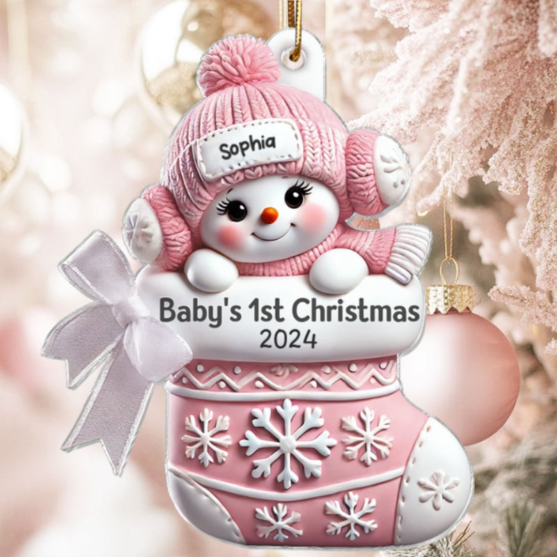 3D Effect Snowbaby On Stocking Baby's 1st Christmas Keepsake Personalized Acrylic Flat Ornament