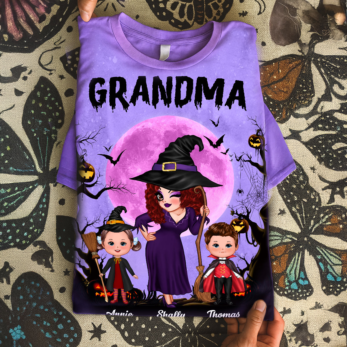 Pretty Grandma Witch & Kids Moon Bat Tree - Personalized 3D Shirt
