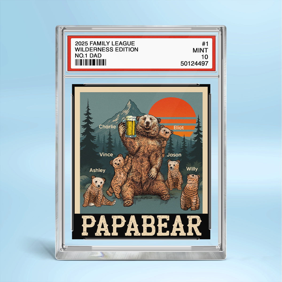 Papabear Dad & Kids Bear Retro Trading Card Style Personalized Acrylic Block Plaque
