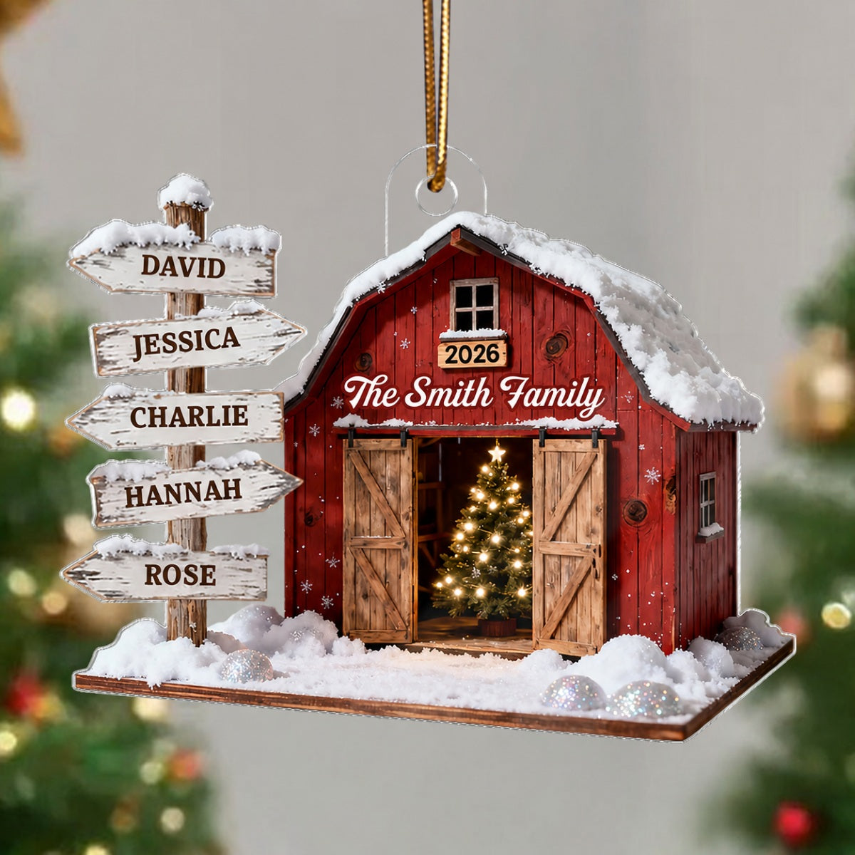 3D Effect Christmas Flat Nostalgia Barn House Family Sign Posts - Personalized Acrylic Ornament - Gift For Family, Farmhouse Decor