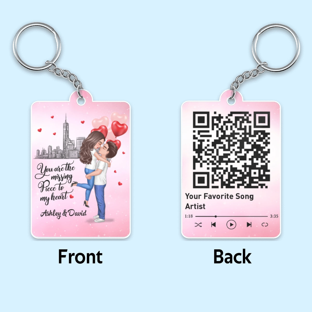 The Missing Piece Doll Couple Hugging Kissing Favorite Song Scannable QR Code Personalized Acrylic Keychain