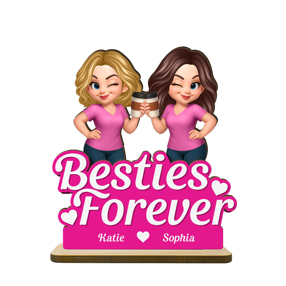 Beautiful Besties Pink Tone Personalized Flat 2-Layer Standing Wooden Plaque