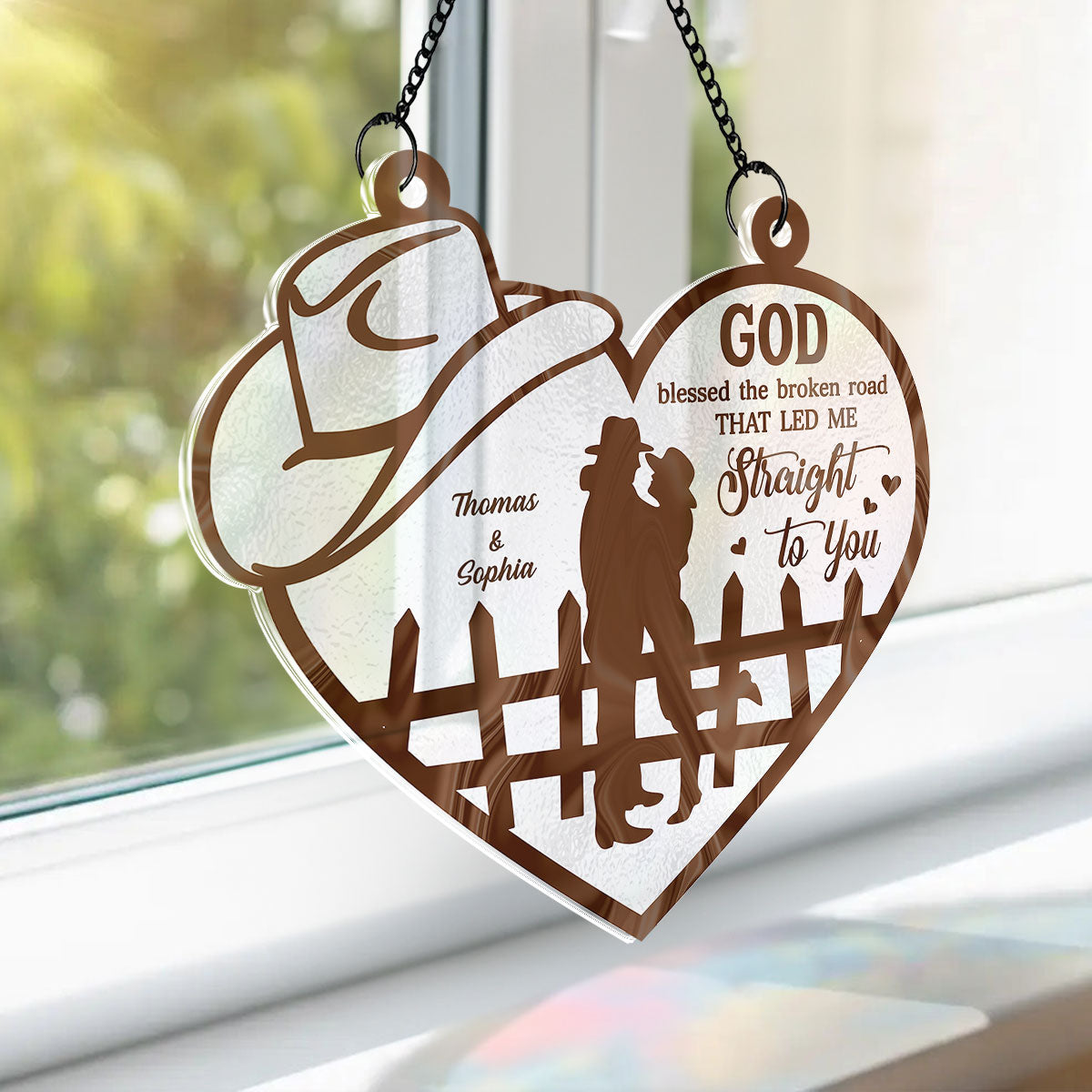 God Blessed The Broken Road Country Vibe Couple Personalized Acrylic Suncatcher