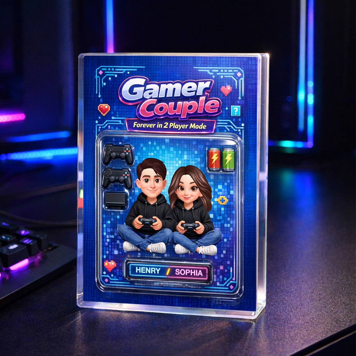 Forever in 2 Player Mode Custom Action Figure - Personalized Acrylic Block Plaque - Custom Gaming Gift for him, for her