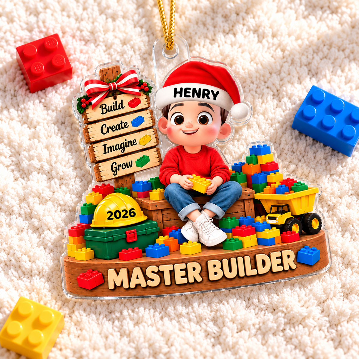 Little Cute Kid Master Builder - Personalized Acrylic Ornament - Christmas Gift For Kids, Son, Grandson, Daughter, Granddaughter