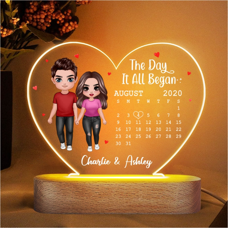 Doll Couple Standing Calendar Anniversary Date Personalized Acrylic Heart Plaque LED Night Light