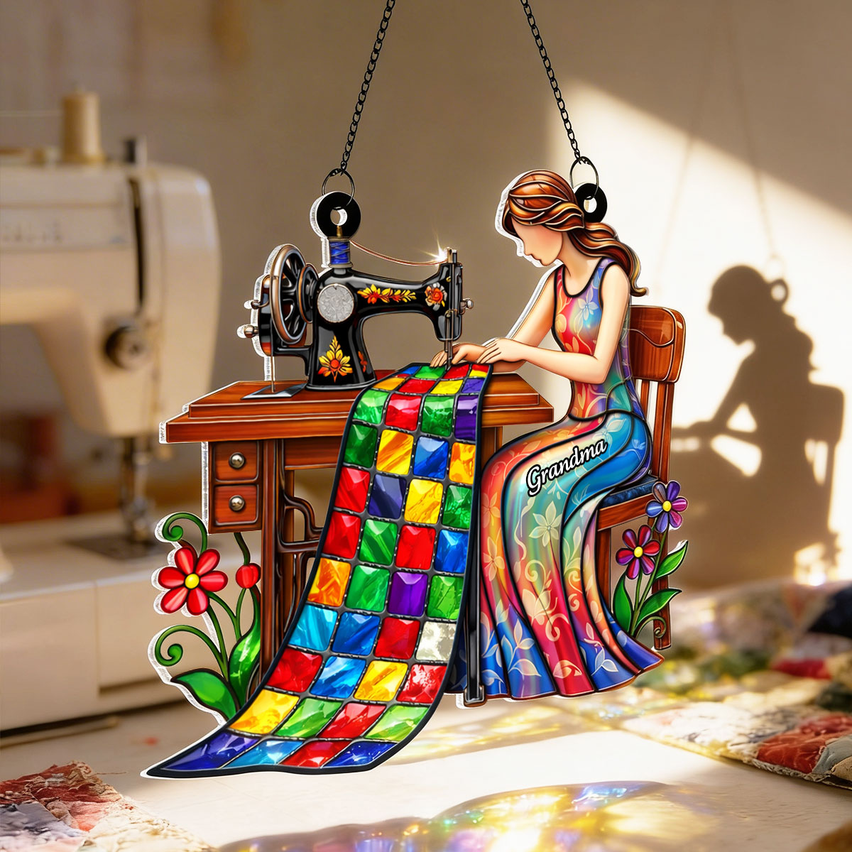 Mom Grandma Sewing Colorful Quilt - Personalized Acrylic Window Hanging - Gift For Mom, Grandma