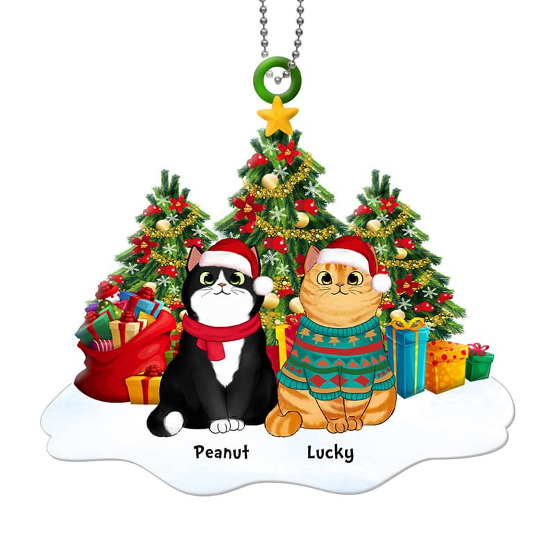 Fluffy Cats Sitting On Snow Christmas Tree Personalized Acrylic Ornament