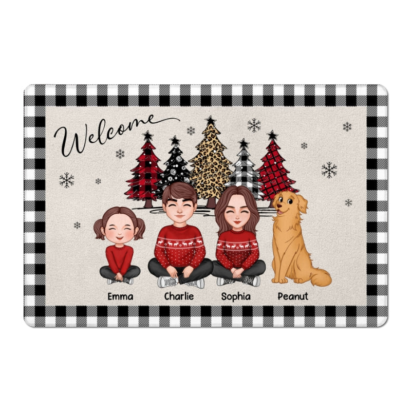 Leopard Checkered Pattern Christmas Tree Cute Family Dad Mom Kids Dogs Cats Personalized Doormat