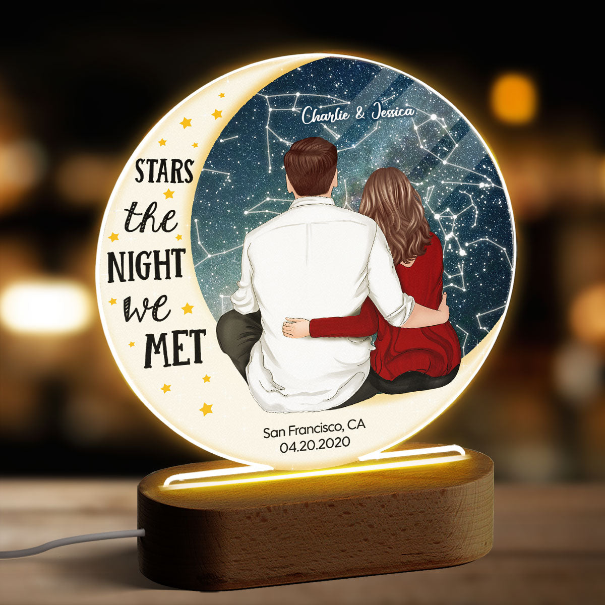 Love You To The Moon Couple Sitting On Moon Personalized Star Map Circle Acrylic Plaque With LED Night Light, Heartfelt Anniversary Gift For Her, For Him